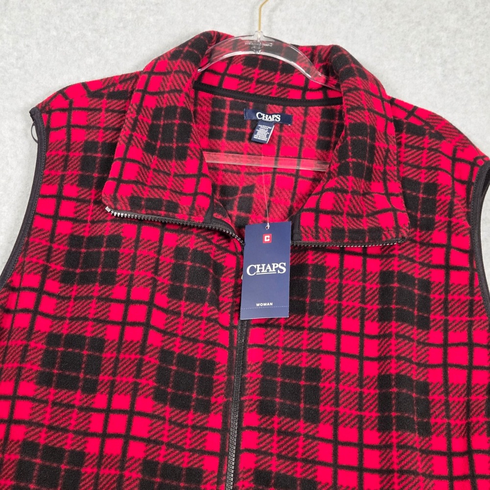 Chaps NEW Woman 4X Fleece Vest Red Black Buffalo Check Plaid Full Zip Cabincore